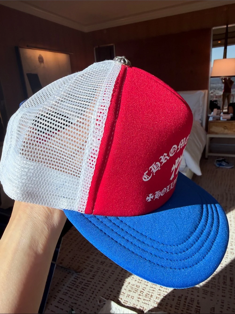 NWT Chrome Hearts Red and Blue Trucker Hat with White Logo